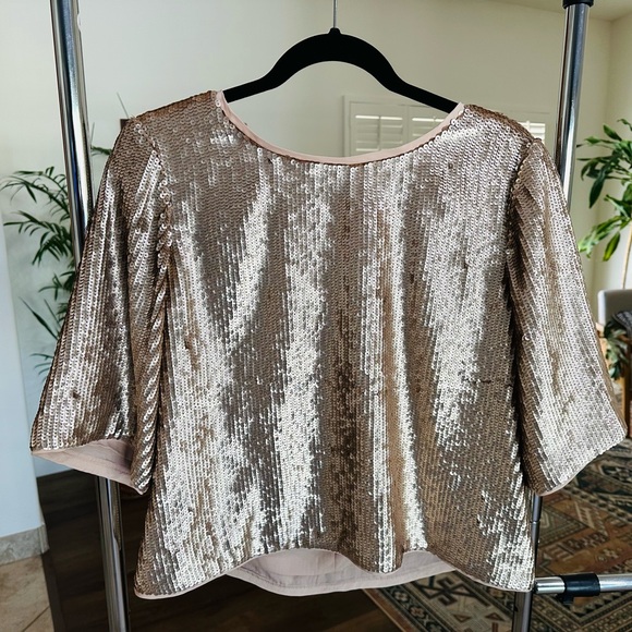 J. Crew Shimmering Gold Sequin Boxy Blouse Top w Black Ribbon Bow Ties Size 10 - Picture 5 of 11